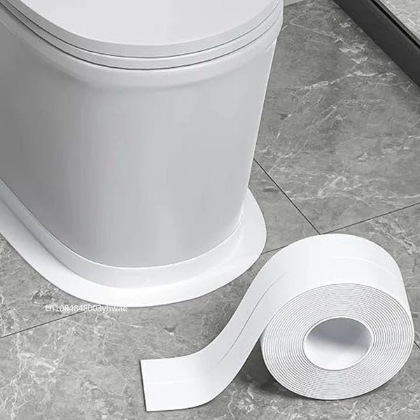 A roll of white heavy-duty waterproof sealing tape is shown next to a large white cylindrical object on a gray tiled surface.