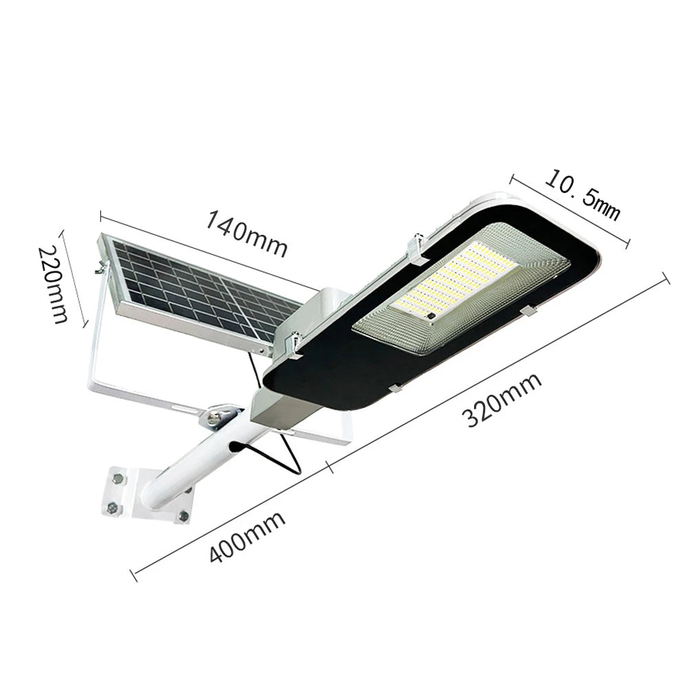 A high-power solar street light assembly showing the light panel, solar panel, and mounting bracket.
