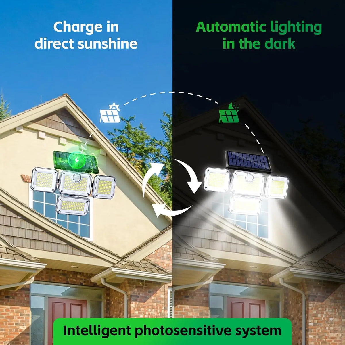 Sistema de luces solares con cuatro bombillas instaladas en una casa, demostrando carga con luz solar e iluminación automátic