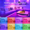 عرض لسلاسل إضاءة LED ذكية متغيرة الألوان لتزيين الحفلات، تعرض ألوان وأنماط مختلفة.
