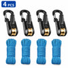 A set of four black and gold heavy duty retractable rope tightener tools and a bundle of blue rope.