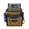 A tan and gray multi-pocket tool organizer pouch with a black strap and a MELOTOUGH logo tag.