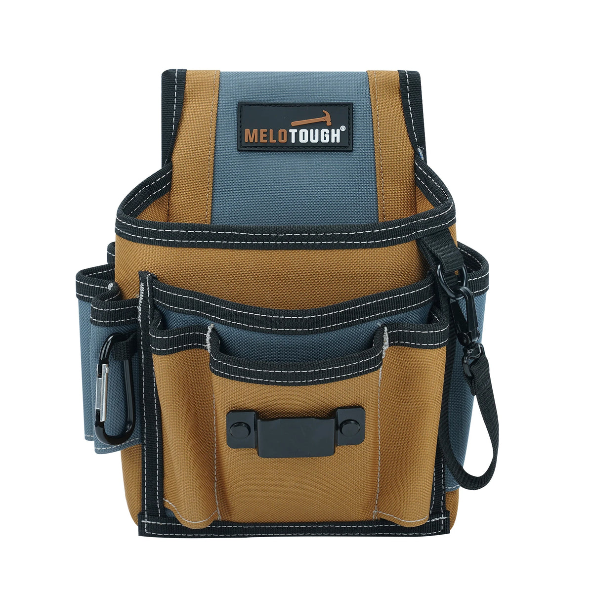 A tan and gray multi-pocket tool organizer pouch with a black strap and a MELOTOUGH logo tag.