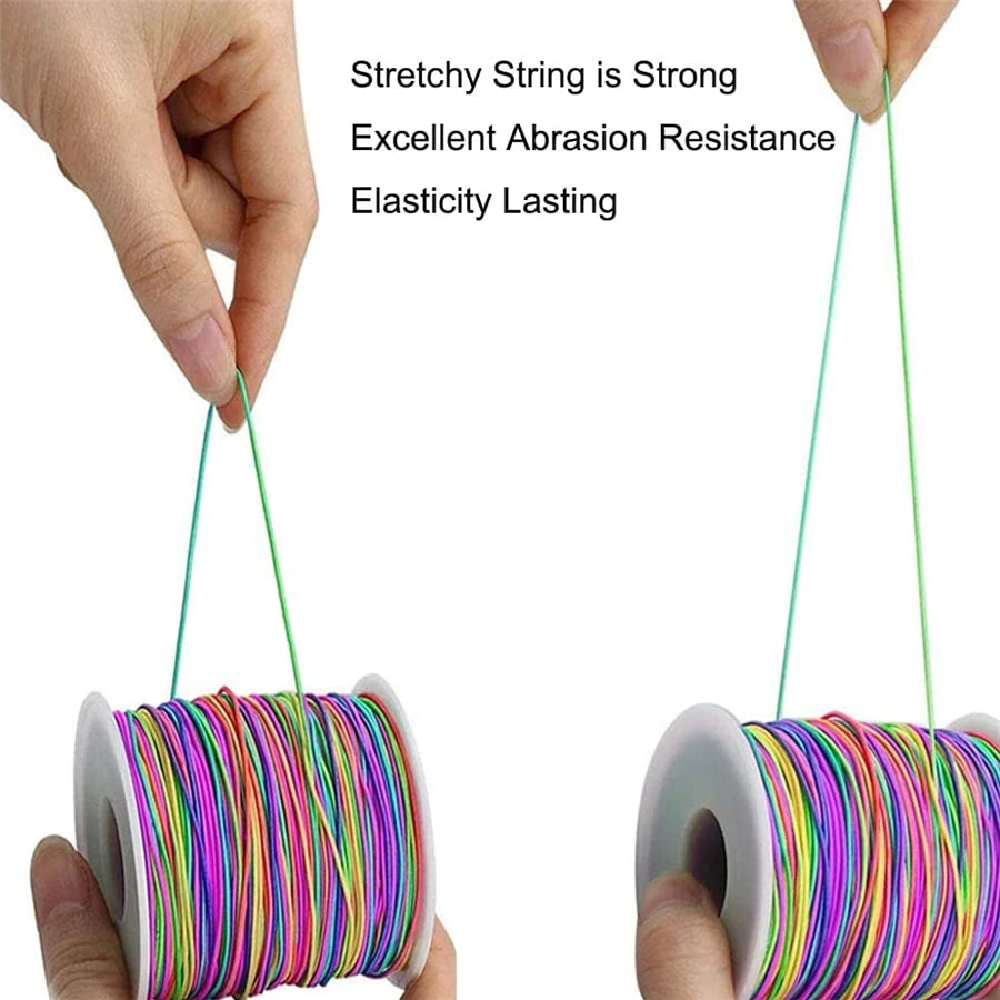 Hands hold a spool of 1mm stretchy rainbow elastic cord for jewelry making