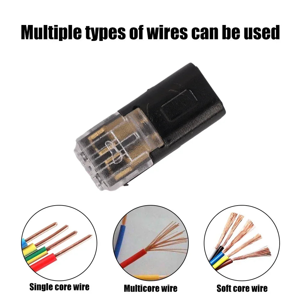 Connecteur électrique noir avec broche dorée, montrant des exemples de fil monocœur, multicœur et souple.