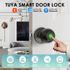 A hand is using a fingerprint to unlock a black smart door lock on a white door frame.