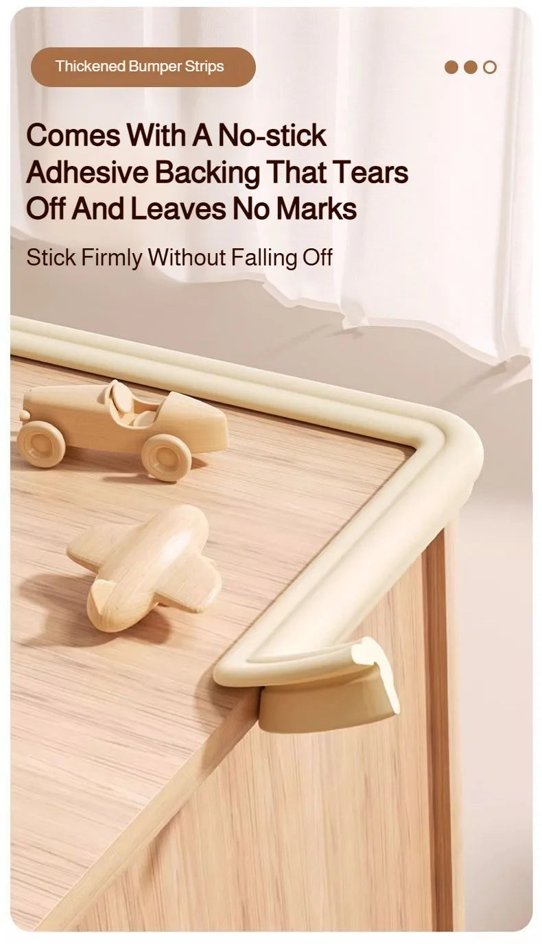 A light beige baby safety corner guard is shown installed on a wooden table edge, featuring non-stick adhesive backing.