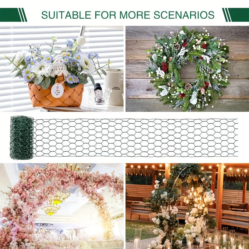 Durable chicken wire mesh used for gardening and crafts, shown in various applications.
