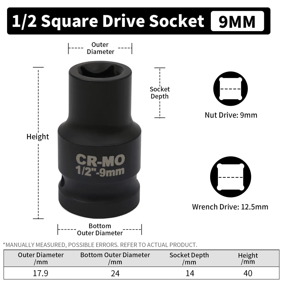 A black 1/2 square drive socket with a 9mm drive size and various dimensions shown.