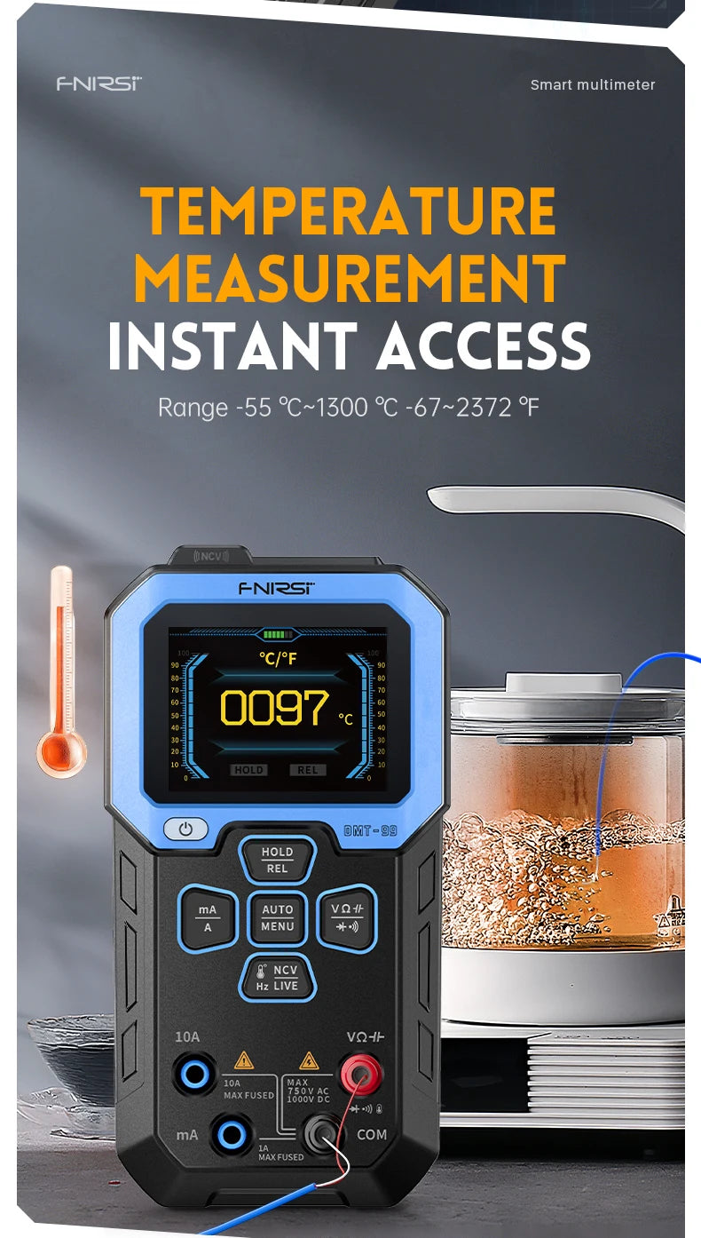 A blue digital multimeter with a display showing 0.097°C and various test functions is shown next to a glass jar.