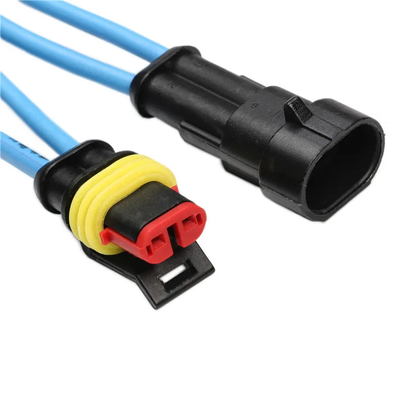 A waterproof electrical connector kit featuring blue wires and a black connector with a yellow and red plug.