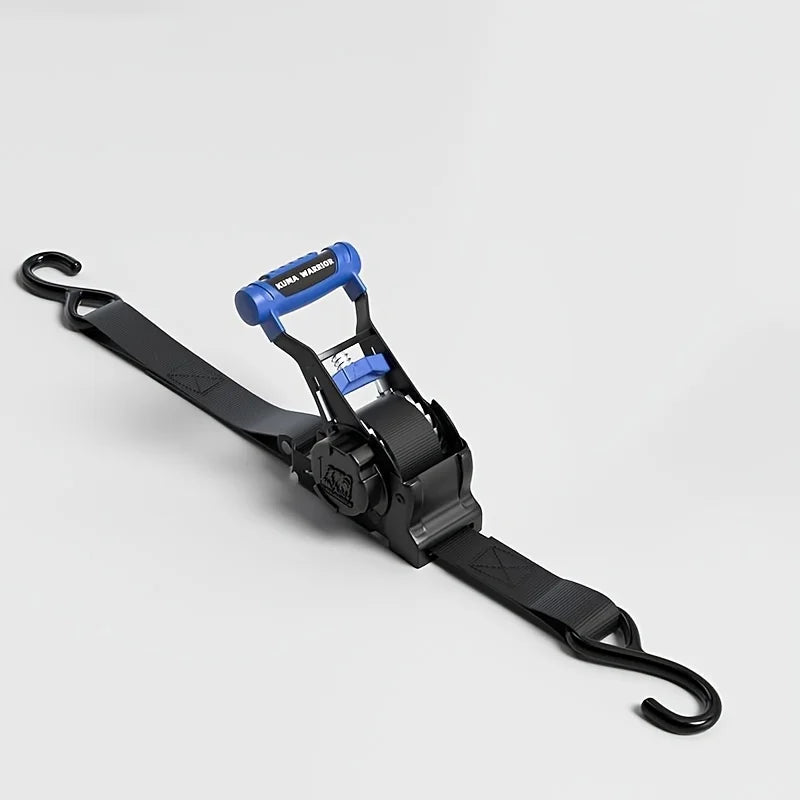 Black and blue retractable ratchet tie-down strap for cargo securing