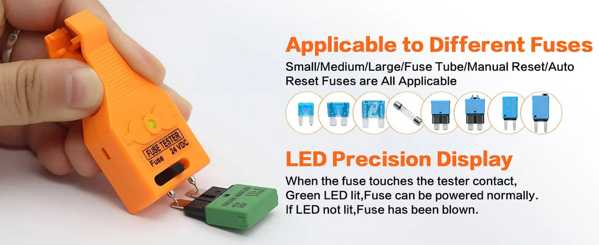Hand holding an orange fuse tester tool with a green LED display, demonstrating its use for various fuses.