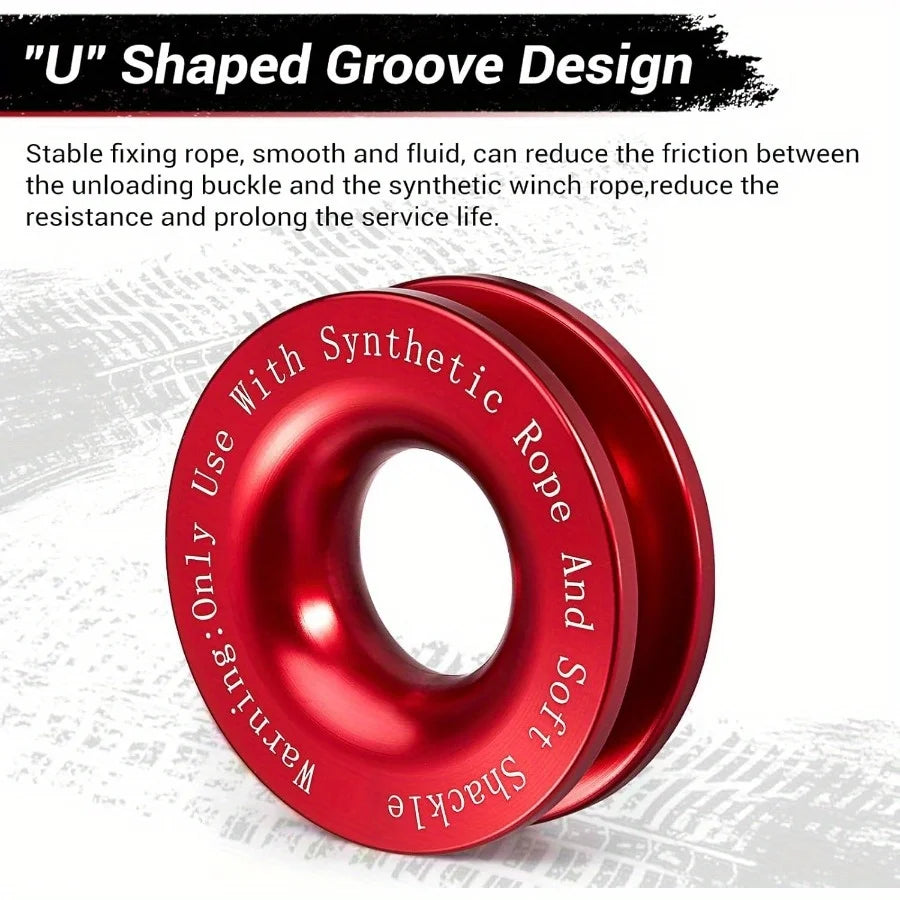 A close-up view of a red U shaped groove design synthetic rope and soft shackle
