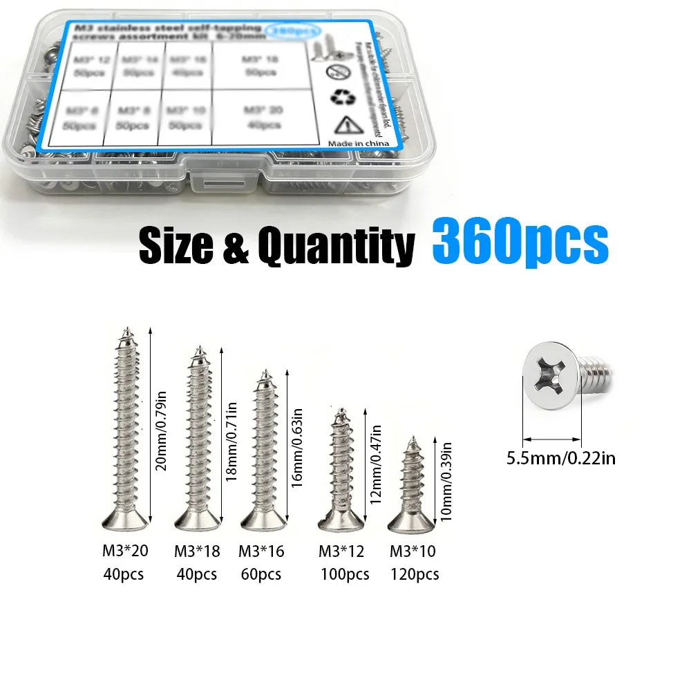 A set of M3 self-tapping wood screws in various sizes and quantities packaged in a clear plastic tray.