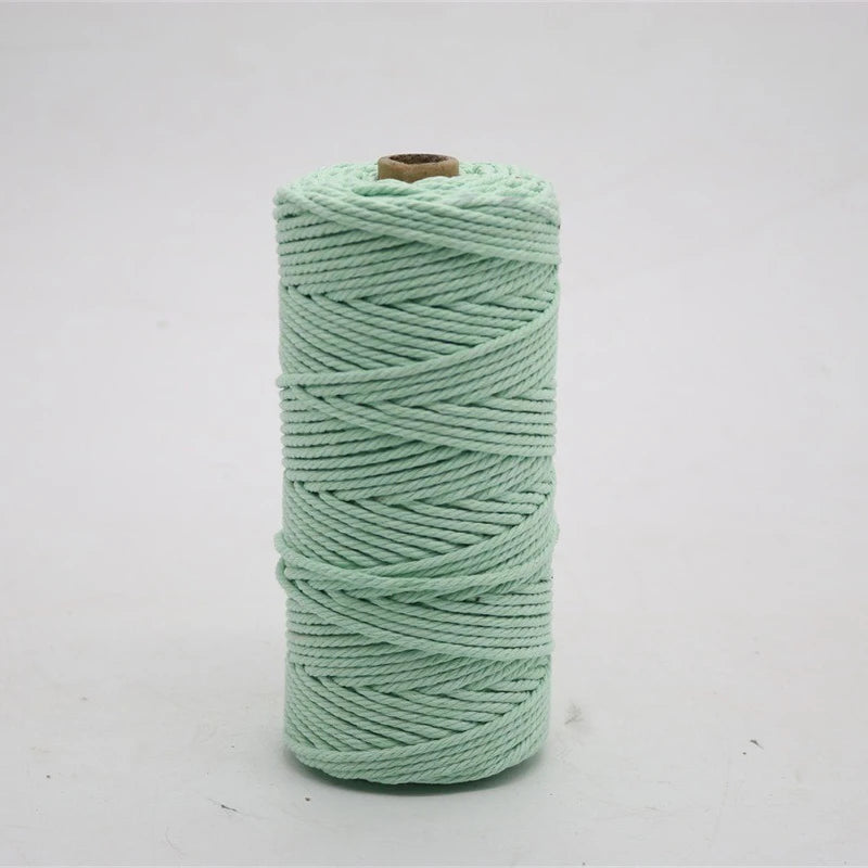 A spool of 100m natural cotton macrame cord in a light mint green color.
