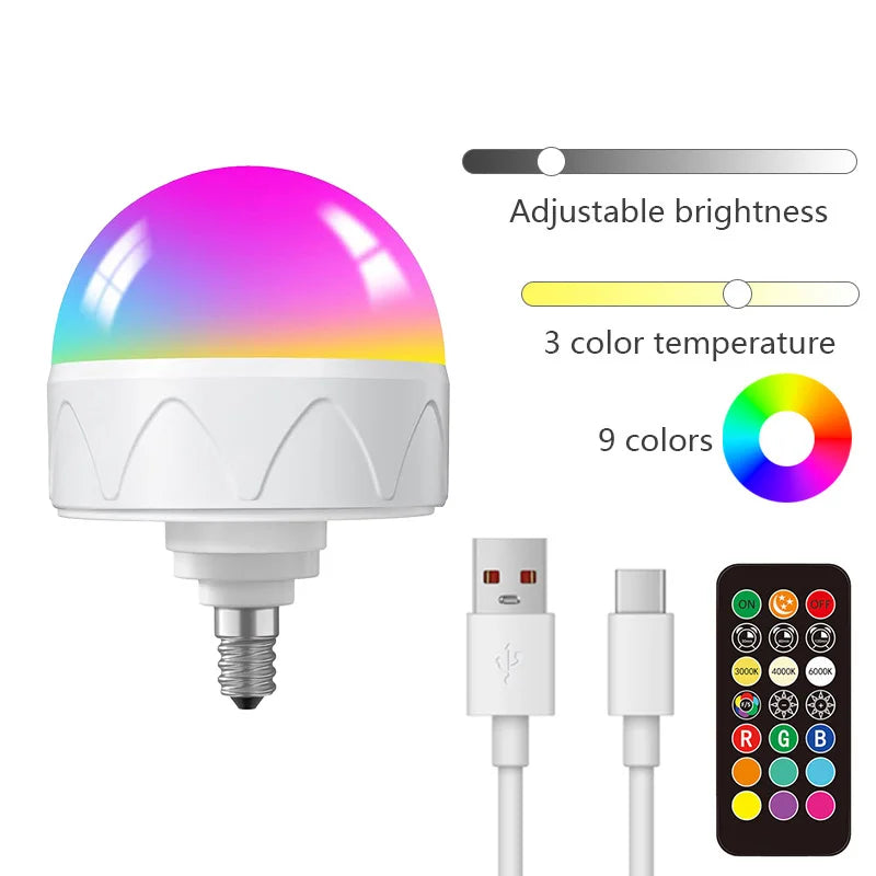 Bombilla LED blanca con cúpula multicolor y control remoto para ajuste de brillo y 9 colores.