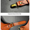 Comparison between a hook and a clip, followed by an adjustable leather suspender from the back.