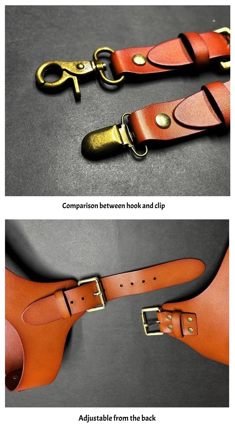 Comparison between a hook and a clip, followed by an adjustable leather suspender from the back.