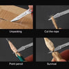 Images showing the use of a mini folding art knife for unpacking, cutting rope, and survival tasks.