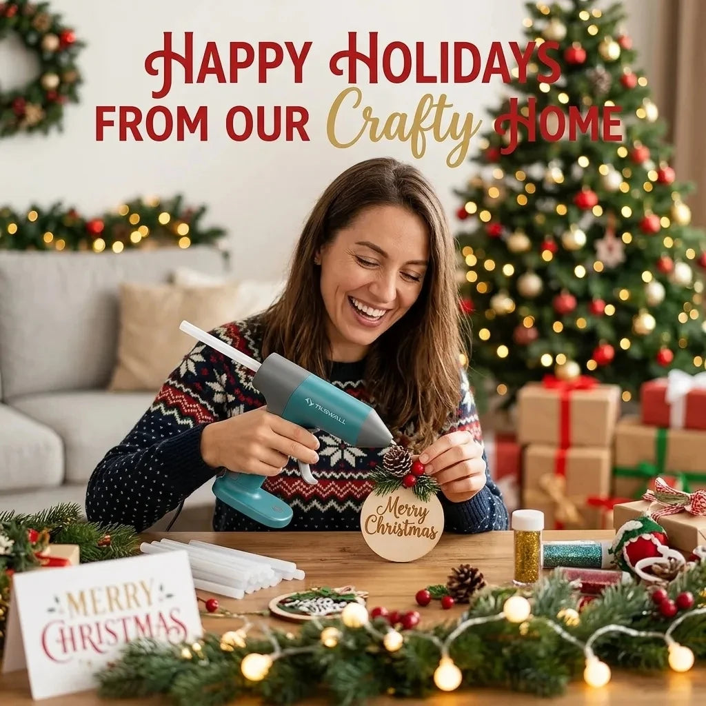 A woman is crafting holiday decorations with a cordless hot glue gun and various greenery on a wooden table.