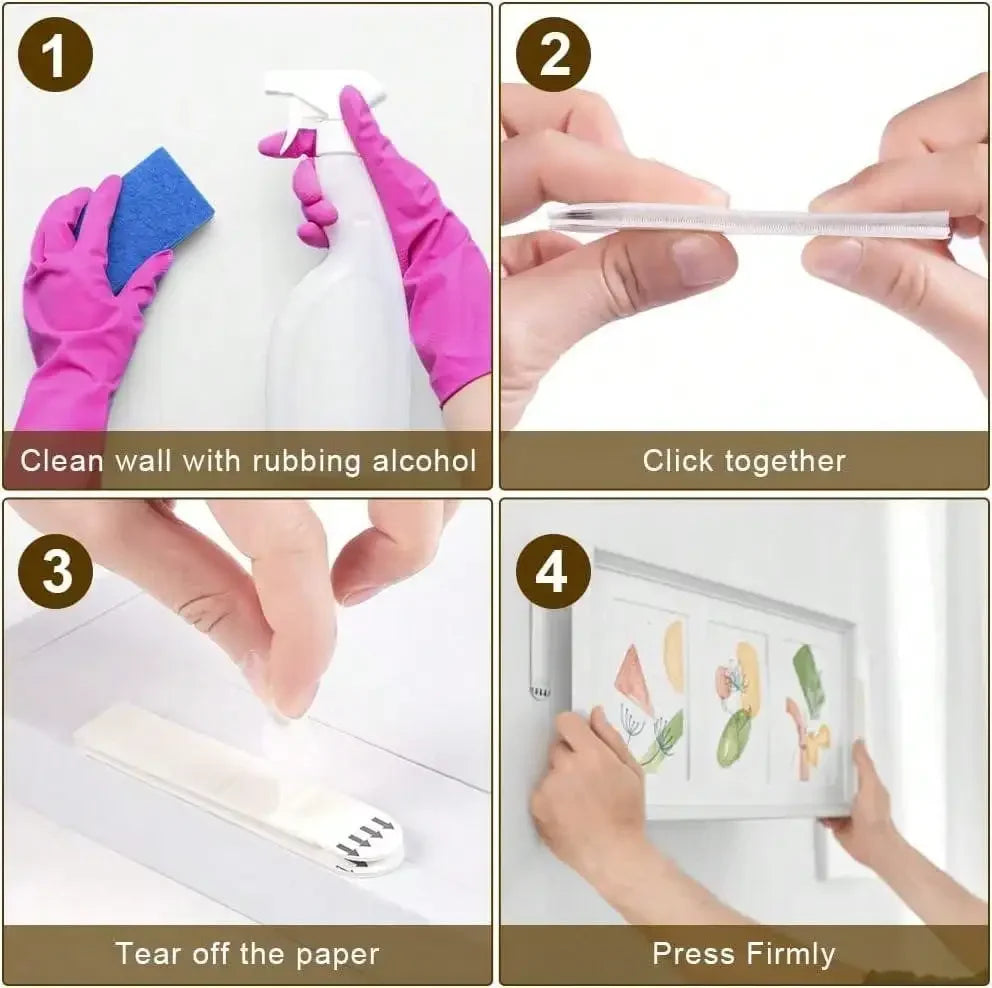 Step-by-step instructions showing how to use double-sided photo frame adhesive strips for mounting photos.