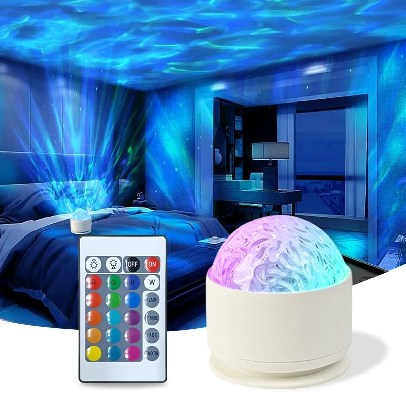 A white projector emitting purple and blue light ripples onto a dark room setting.