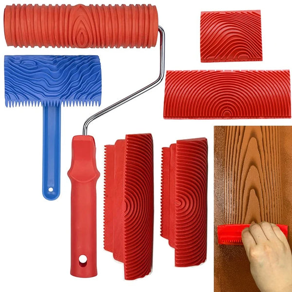 A set of red and blue wood grain texture painting tools including a spatula and various textured rollers.