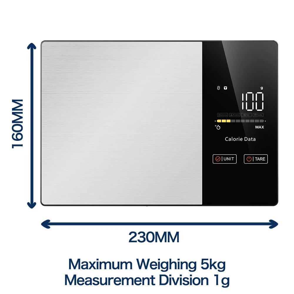 A silver digital kitchen scale with a black display showing 100 and specifications for weighing up to 5kg.