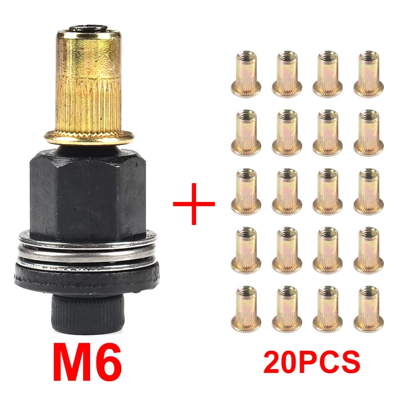 Set of 20 M6 precision hand rivet nuts with brass inserts and black body for DIY projects