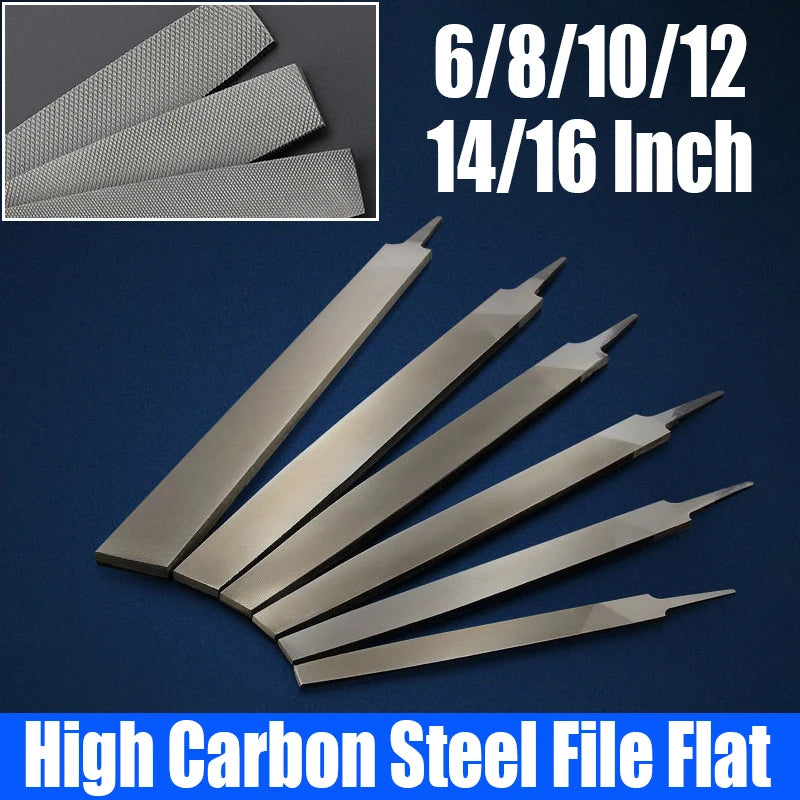 A set of high carbon steel flat files in various sizes, including 6/8, 10/12, 14/16 inch.