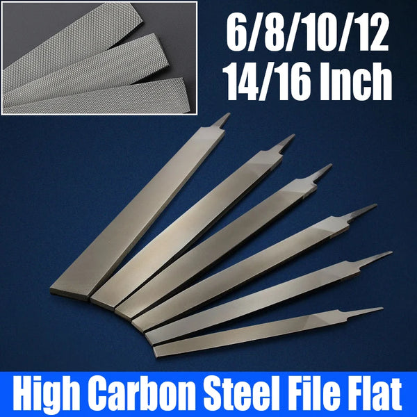 A set of high carbon steel flat files in various sizes, including 6/8, 10/12, 14/16 inch.