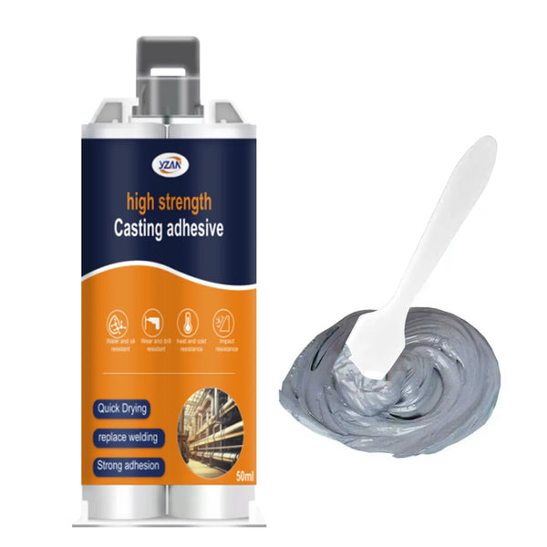 A bottle of high strength casting adhesive with a spatula demonstrating its use for metal repair.