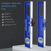 A blue and white I-shaped solid cast aluminum level ruler with a grip handle shown on a gray surface.