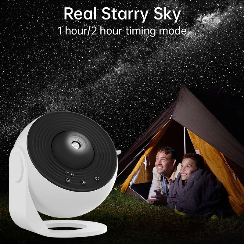 A white 360° rotating galaxy projector night light is shown illuminating a family inside a tent under a starry sky.