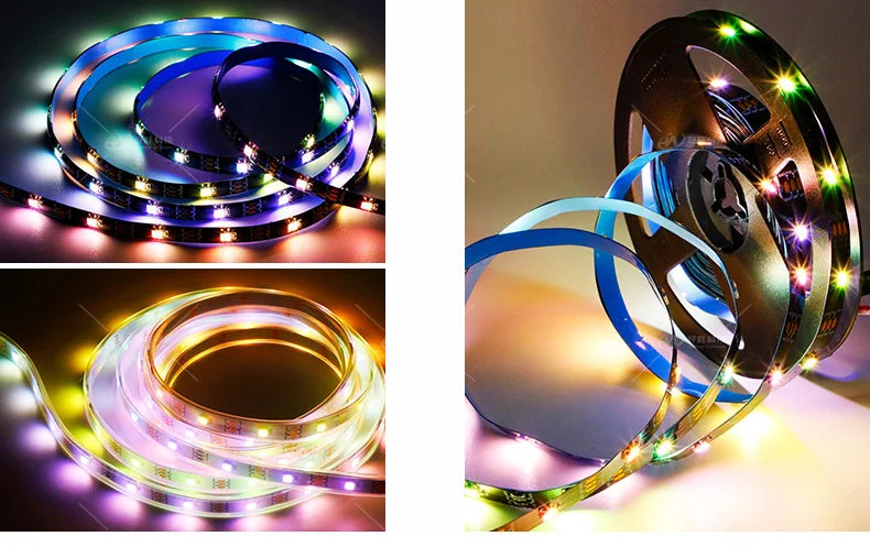 Close-up view of addressable RGBW LED strip lights, showing various curved and circular light patterns.
