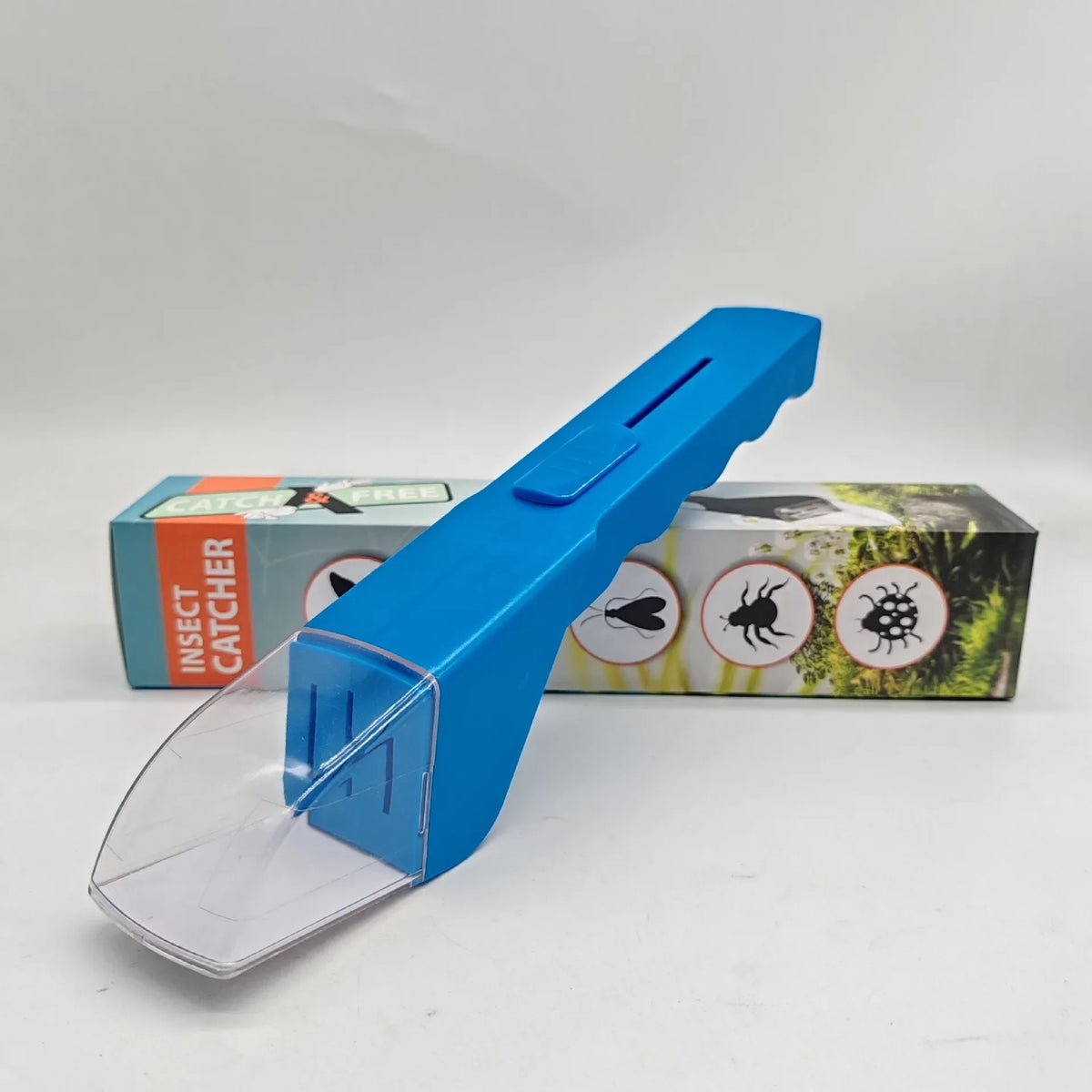 A bright blue handheld pest catcher tool is displayed next to its packaging box.