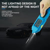 A hand holds a blue professional automotive circuit tester device emitting a bright light beam onto a car's surface.