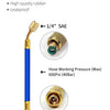 A blue high pressure liquid hose with brass fittings and a built-in check valve.