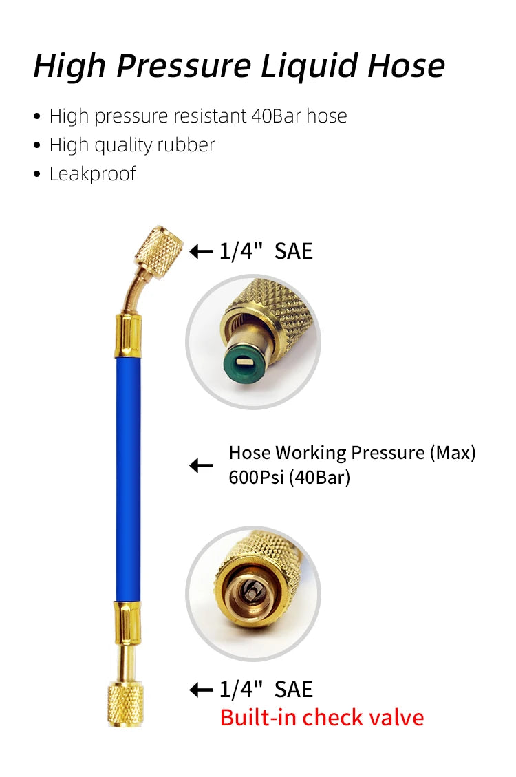 A blue high pressure liquid hose with brass fittings and a built-in check valve.