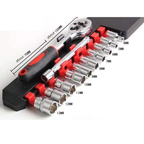 A close-up view of a 12-piece universal wrench and socket repair kit with various sized sockets and wrenches displayed on a b