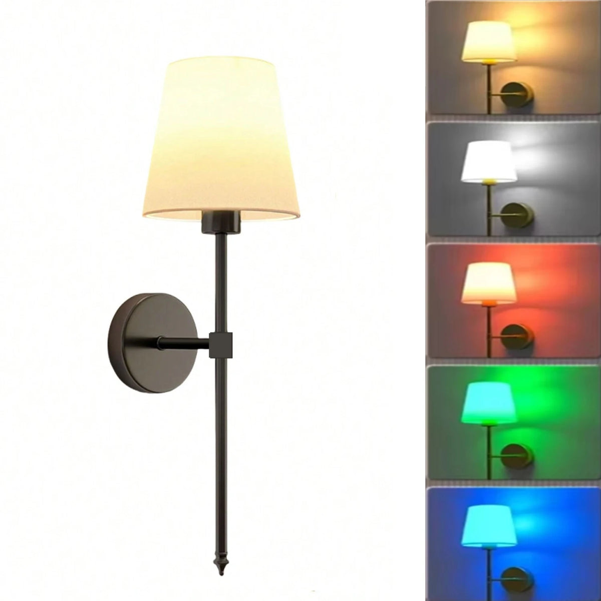 A modern wall sconce with a light shade is shown, featuring multiple color options and a remote control.