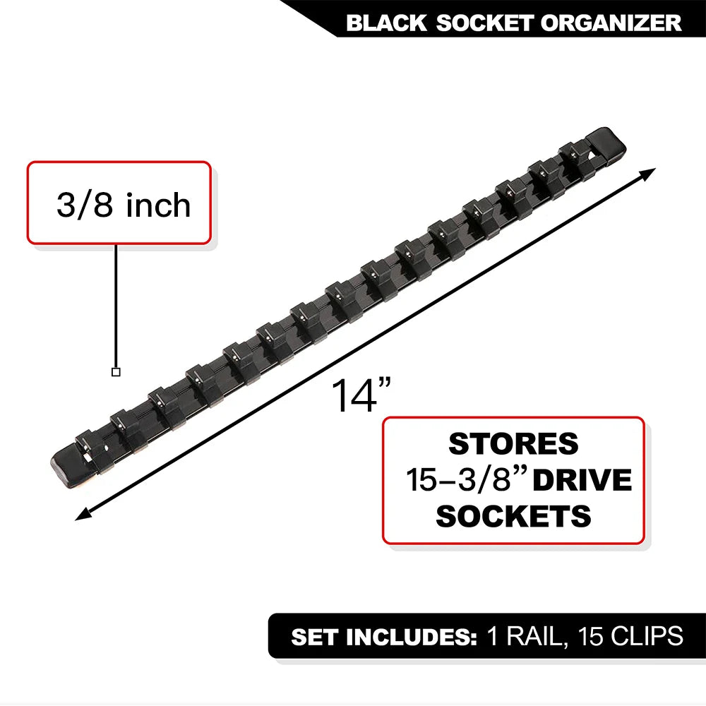 Black socket organizer rail with 15 clips for storing 3/8 inch drive sockets.