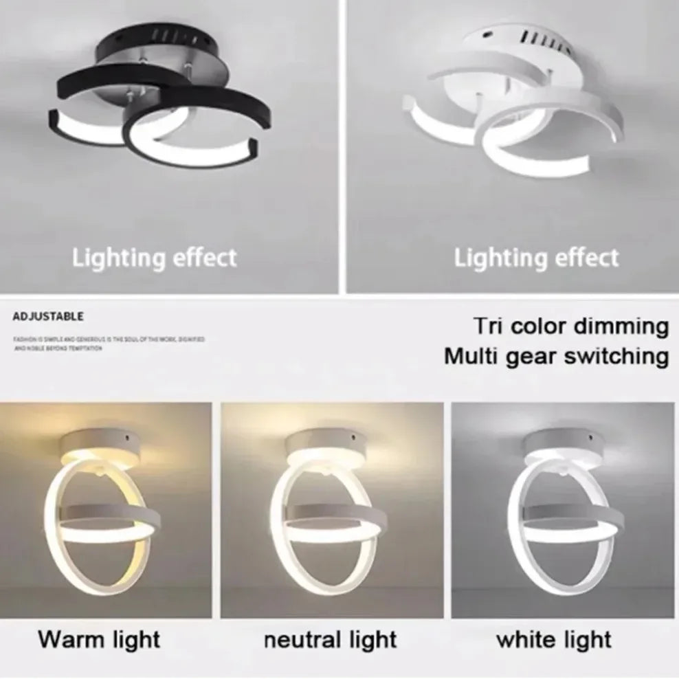 Tres versiones de una lámpara de techo LED moderna mostrando efectos de luz cálida, neutra y blanca.