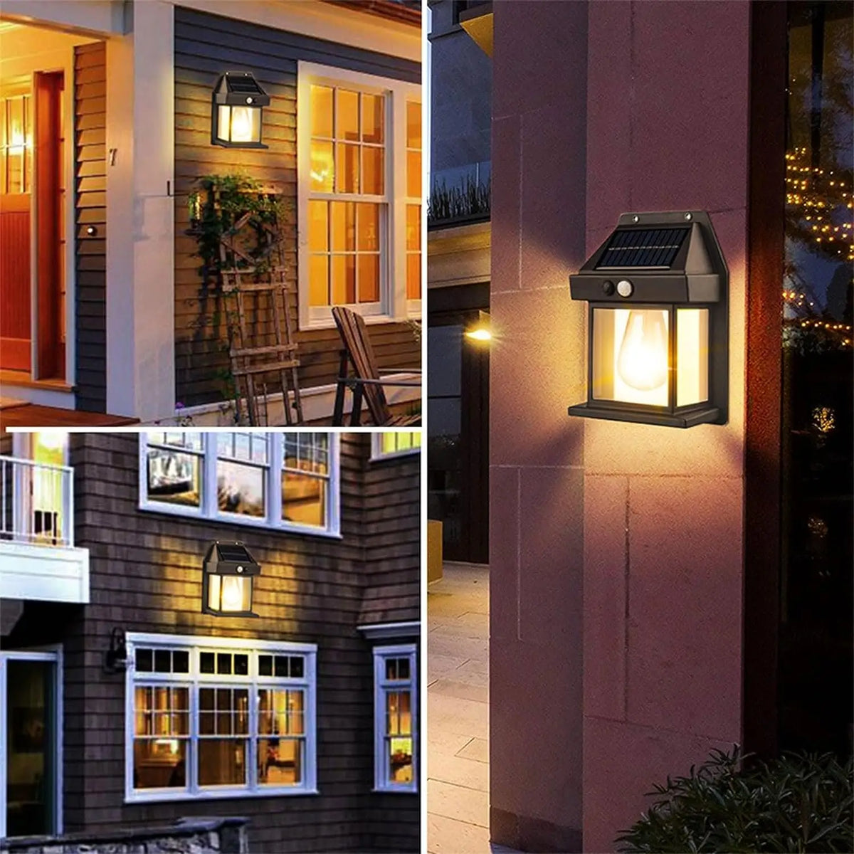 A solar motion sensor LED wall light mounted on a building exterior, illuminating the facade.