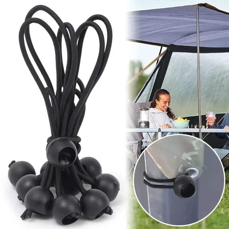 Black heavy duty elastic ball rope used for tying down tents and tarpaulins