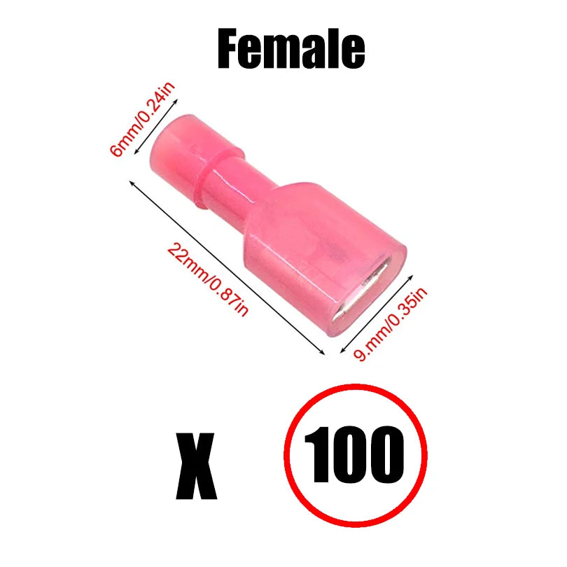 Pink insulated crimp terminals with various sizes shown next to the number 100