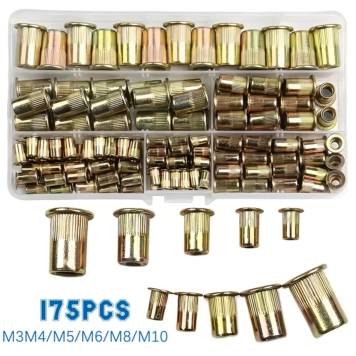 A plastic kit containing 175 precision rivet nuts and threaded rivets in various sizes M3 to M10.