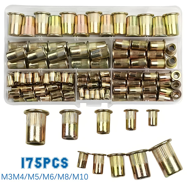 A plastic kit containing 175 precision rivet nuts and threaded rivets in various sizes M3 to M10.