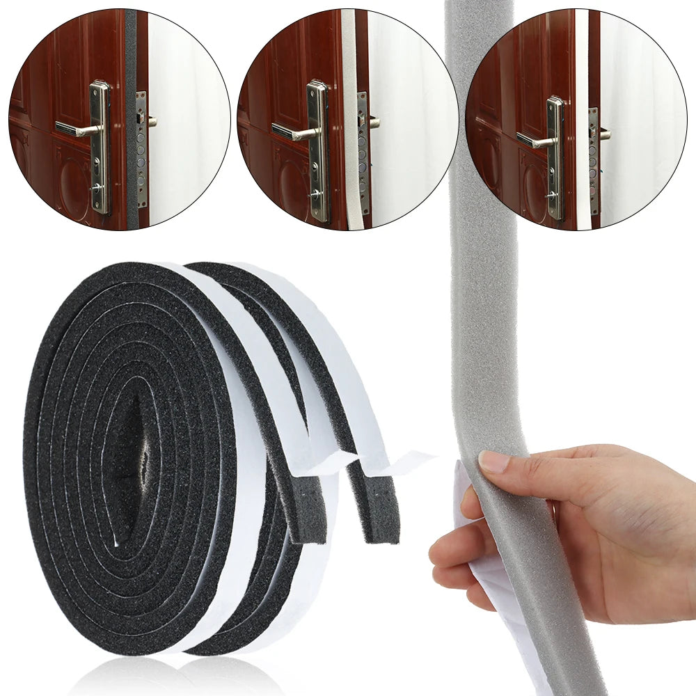 Roll of self-adhesive foam weather stripping tape with close-ups of door handles and installation.
